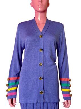 Vintage 80s 12 Knit 2-Piece Set Cardigan Midi Skirt Longline Sweater Periwinkle